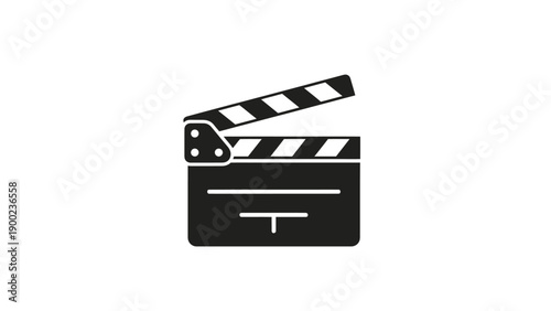 A black and white illustration of a clapperboard, the top section open, with a simple design