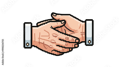 Pixelated illustration of two hands shaking, with cuffs
