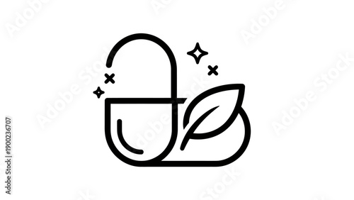 A minimalist black-and-white icon depicts a pill and a leaf, implying natural health