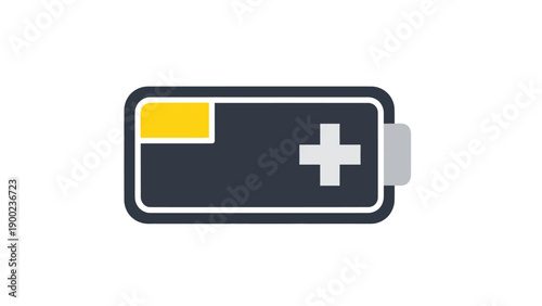 A minimalist icon of a battery with a plus symbol on white background. Yellow section