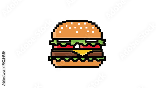 A pixelated hamburger with sesame seed bun and layers of ingredients on a white background