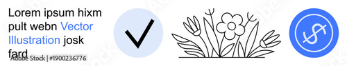 Approval processes, nature , financial management, business branding, digital symbols, graphic assets. Checkmark for approval, floral sketch and dollar icon. Approval processes and nature themes