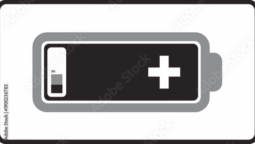 A battery indicator icon in a simple graphic, showing charge level and a plus sign