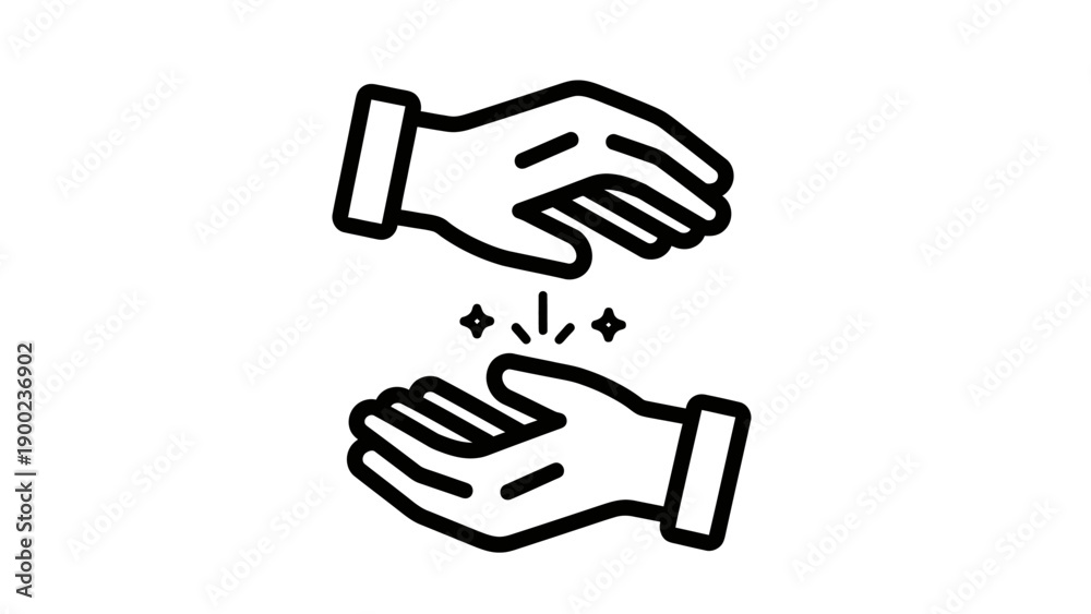 Fototapeta premium Black and white icon depicting hands, one above the other, with sparkles in between