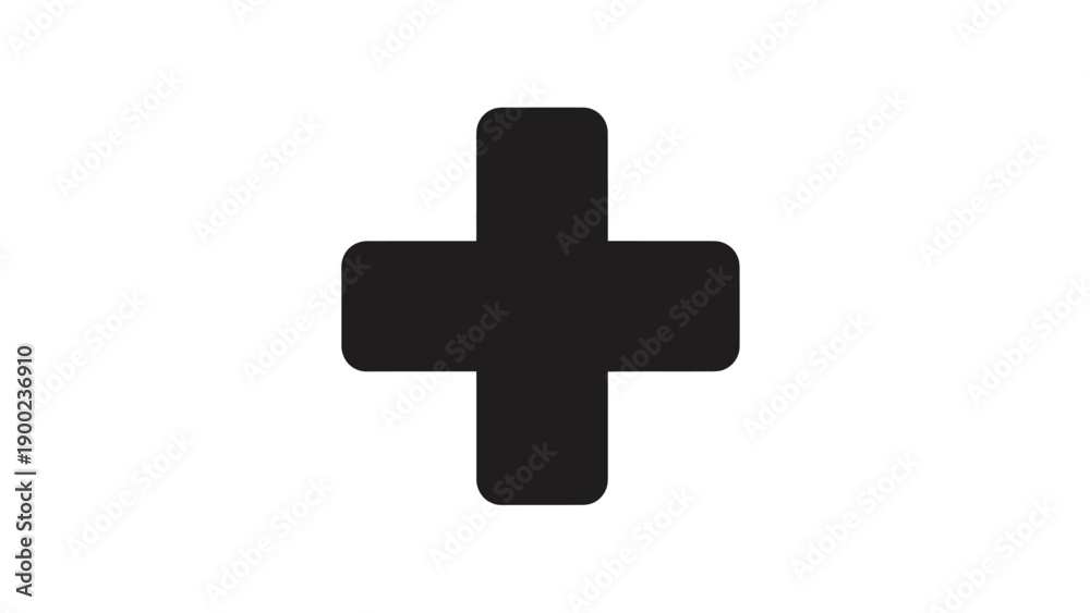 Obraz premium A black cross with rounded corners on a white background. Simple and minimalist