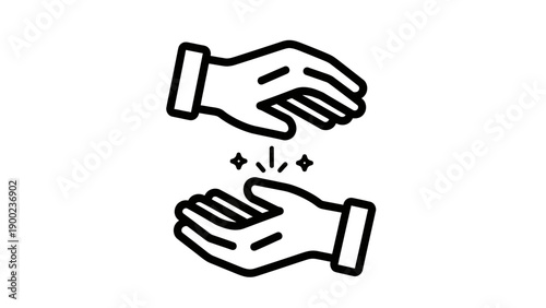 Black and white icon depicting hands, one above the other, with sparkles in between