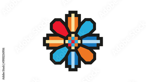 Pixelated flower with eight petals in red, orange, and blue. Black outline on white background