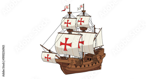 Historic sailing ship with red cross symbols on white sails and a sturdy brown wooden hull for exploration