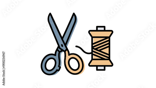 Illustrated sewing tools scissors and spool of thread