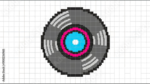 Pixelated vinyl record in grayscale with pink and blue center on grid