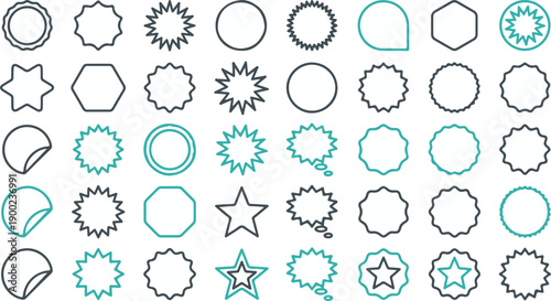 Collection of various shapes and symbols for graphic design  stars circles hexagons and other geometric forms in black and teal colors