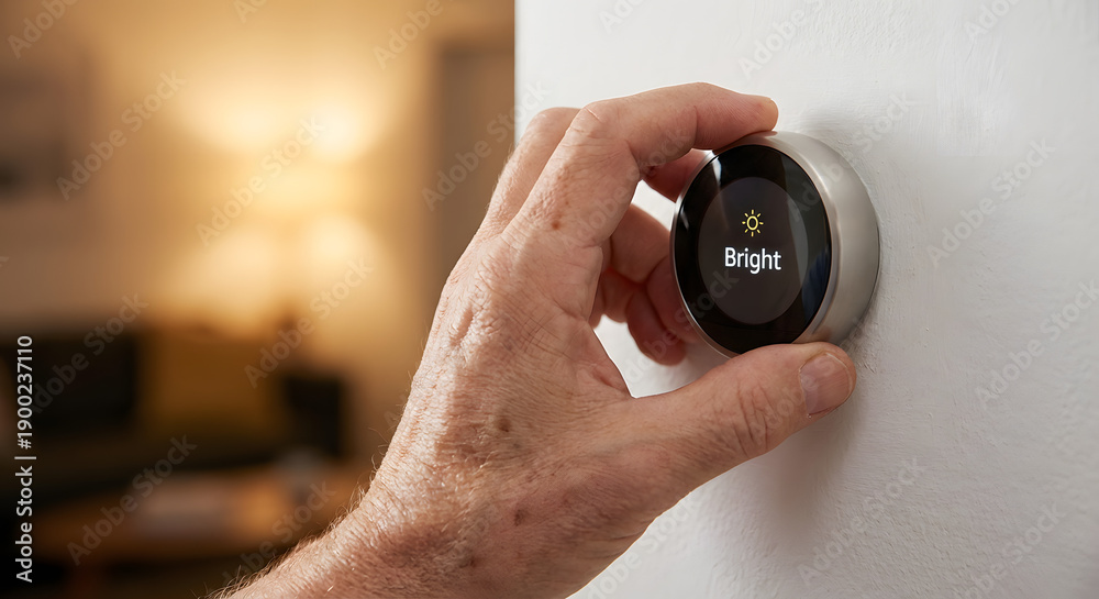 Fototapeta premium close up of elderly hand adjusting smart home thermostat or dimmer switch on wall to bright setting for energy efficiency and climate control in modern living room interior
