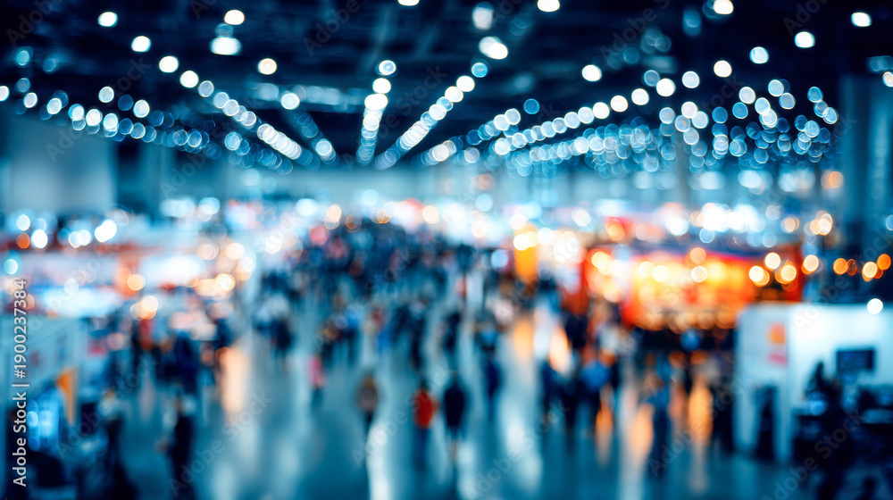 Fototapeta premium Blurred image of a bustling indoor exhibition hall filled with visitors and bright overhead lights creating a vibrant and dynamic atmosphere