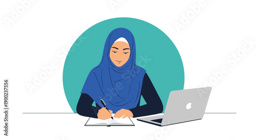 Focused Muslim woman wearing blue hijab writing in a notebook next to a laptop during study or work session