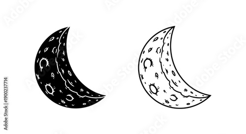 Crescent moon icon with craters and surface texture for space and astronomy design elements