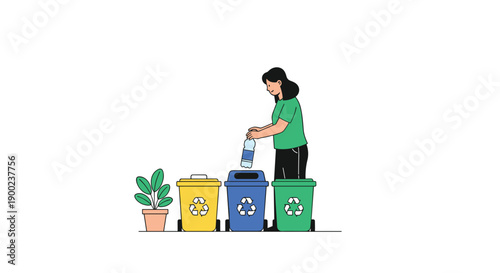Woman actively recycling a plastic bottle into one of three color-coded bins for waste separation