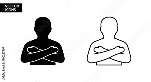 Man with Crossed Arms Silhouette and Line Art Icon for Yoga or Health