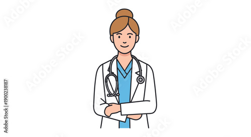Female doctor stands with arms crossed wearing a white lab coat and stethoscope around her neck smiling confidently.