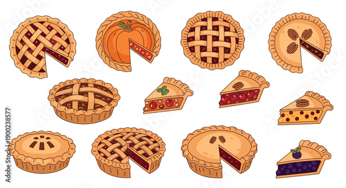 Assortment of delicious homemade fruit, pumpkin, and pecan pies with individual slices for a sweet dessert