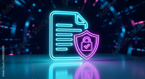 neon glow digital document icon with security shield and padlock representing data protection cyber security privacy policy and secure cloud storage in futuristic tech environment