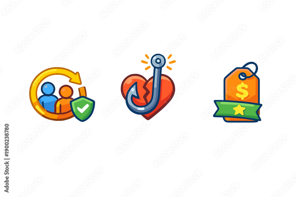 Fototapeta premium Icons represent relationship management, fraud risks, and pricing strategies in digital marketing for effective online business