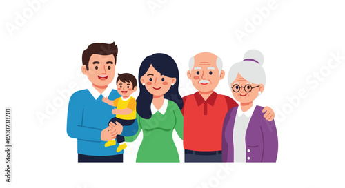Happy multi-generational family portrait with smiling grandparents, parents, and a young child standing together