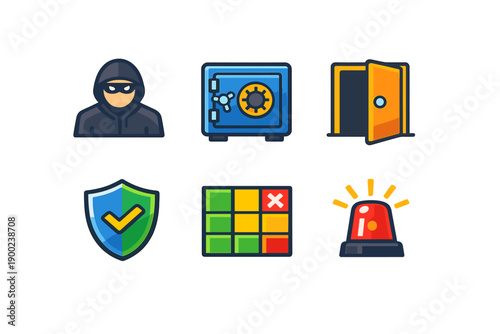 Icons representing security, theft, alarm, and safe, showing a thief, a safe, an open door, a shield, a grid, and a siren in a simple layout for educational purposes