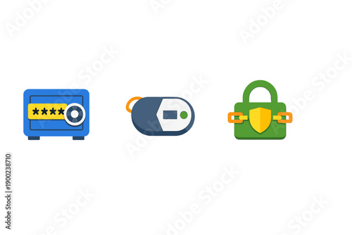 Colorful icons of a safe, a keypad, and a lock are shown, representing security and protection for personal items or information in a digital context