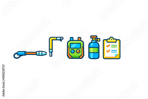 Welding equipment and safety tools on a table showing items needed for work in a construction site during the day