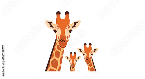 Three giraffes closely visible, heads and necks in a charming stylized portrait, showcasing diverse sizes with warm
