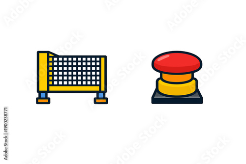 Bright colored shopping cart and red button placed on a plain white background representing a shopping concept and purchasing action
