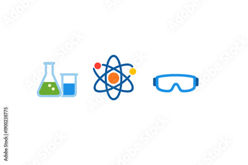 Chemistry and science symbols with lab equipment, atom graphic, and safety goggles for educational purposes in a classroom setting