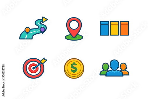Icons showing navigation, location, business strategy, and finance concepts in a simple design style