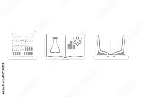 Learning tools for science and mathematics in a simple design showcasing an abacus, a science book, and an open textbook with graphs