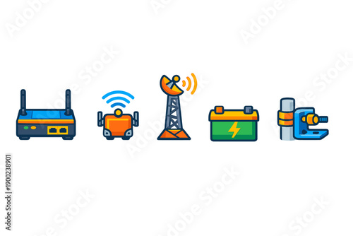 Understanding technology through various symbols including a router, satellite dish, robot, battery, and clamp used in modern communication and robotics
