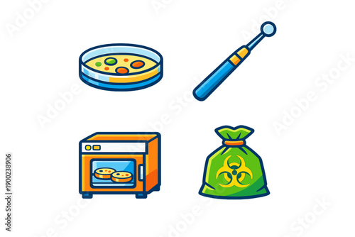 Different tools and items used in science, cooking, and safety practices in a laboratory setting as seen in a simple graphic design