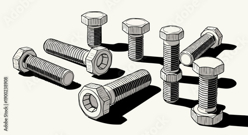 Set of metal hex head bolts featuring coarse threads and hexagonal drive heads scattered loosely on white background