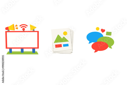 Bright colors show a billboard, pictures on paper, and speech bubbles on a white background during daytime in a creative setting