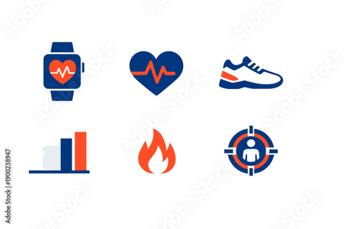 Health and fitness icons show different aspects of wellness including tracking, heart rate, exercise, and data analysis in a visual display