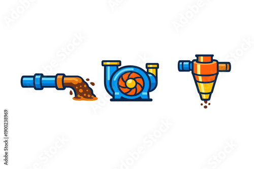 Drawing of a pipe discharging liquid, a pump with a swirl design, and a cone-shaped separator showing movement of materials