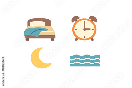Bed, clock, moon, and waves shown together to represent night time and sleep routines in a simple design