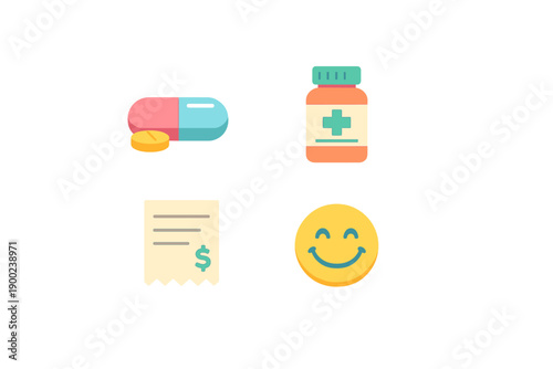 Pills, medicine, receipt, and smiley face show the connection between health and happiness in a simple layout