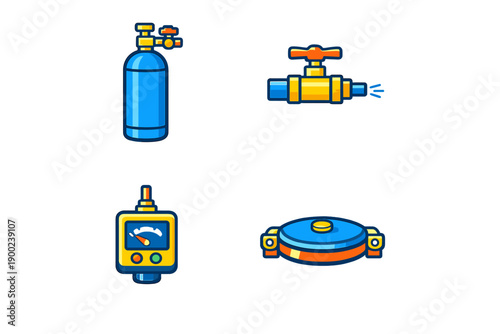 Equipment used for gas management in industrial applications including a cylinder, valve, gauge, and burner system