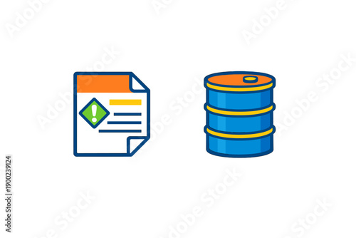 Safety data sheet and chemical storage drum displayed side by side in a workspace environment during daytime for safety compliance