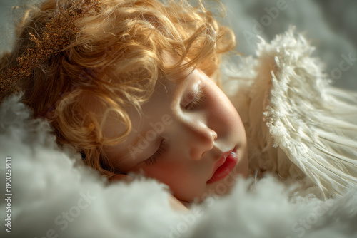 Portrait of a peaceful sleeping baby with curly hair surrounded by soft white feathers evoking innocence and tranquility in a gentle close-up scene