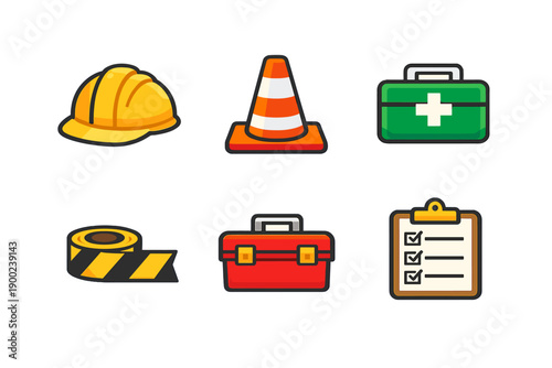 Construction tools and safety gear display shows various items like a hard hat, traffic cone, first aid kit, caution tape, toolbox, and checklists arranged in a grid format
