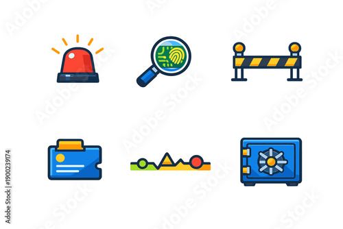 Icons for crime investigation tools, safety equipment, and security features used in various law enforcement scenarios and safety protocols