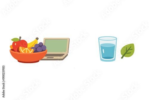 Focus on healthy choices with a fruit bowl and water next to a laptop during a work session at home