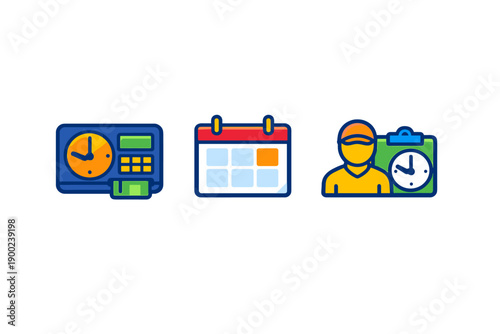 Icons show a clock, calendar, and worker checking time, indicating the relationship between time management, scheduling, and work tasks