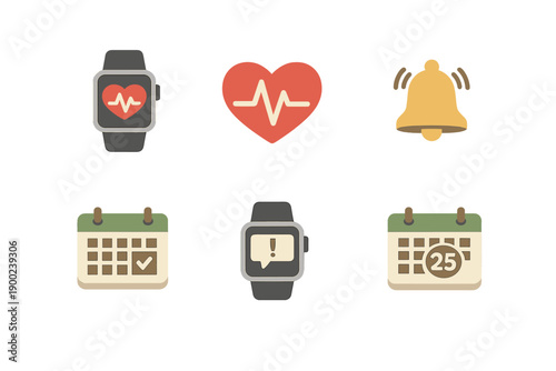 Wearing a smartwatch with health features showing heart rate, calendar dates, and notification bells to track fitness and schedule events